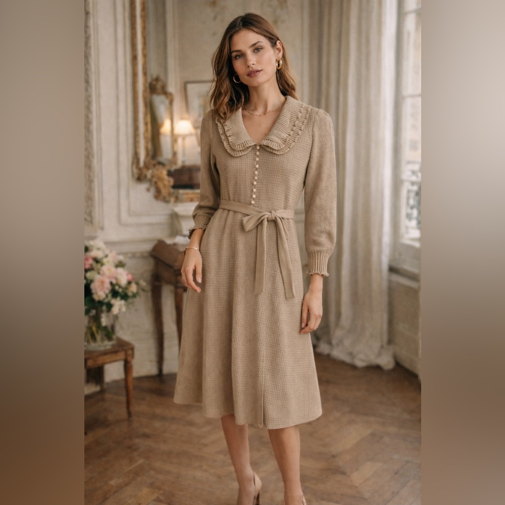 Vintage 100% Pure Wool Midi Dress Bib Collar Neutral French Sezane Vibes S M - Picture 1 of 7